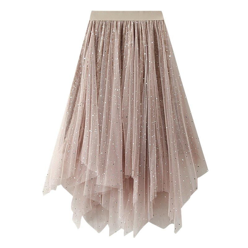 Women's A Line Fairy Elastic Waist Tulle Midi Skirt High Waist Skirts Mesh Dress Solid Color Irregular Yarn Skirt