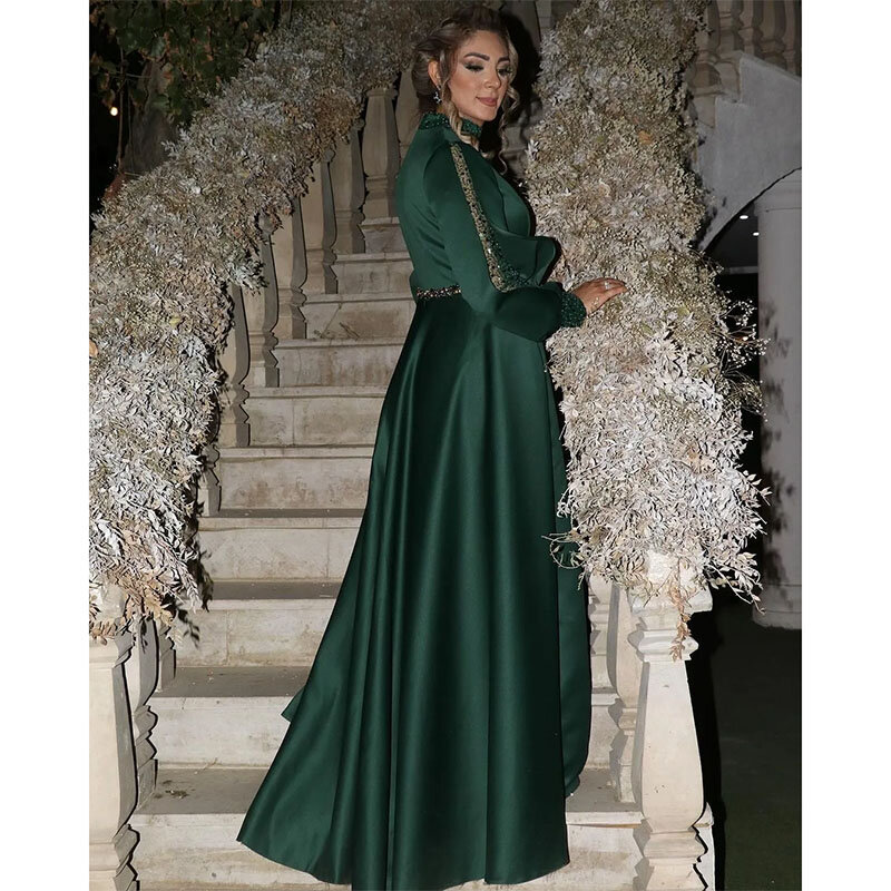 Gaun Prom A Line hijau tua elegan gaun malam Muslim lengan payet manik-manik gaun malam Kaftan Maroko jubah De Soiree