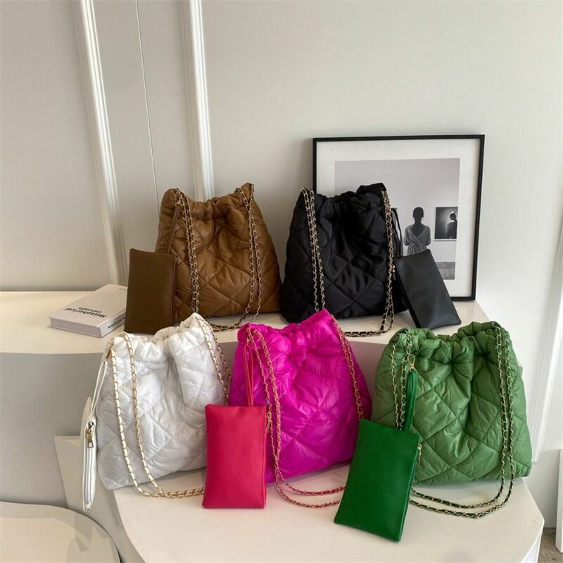 Large Capacity Lattice Pattern Shoulder Bag Handmade High-capacity PU Tote Bag Cotton Feather Padded Shopping Bags Women