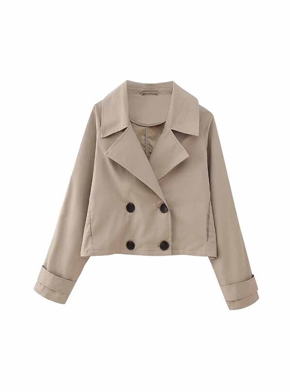 Women New Fashion Windbreaker style Cropped Double Breasted Jacket Coat Vintage Long Sleeve Female Outerwear Chic Overshirt