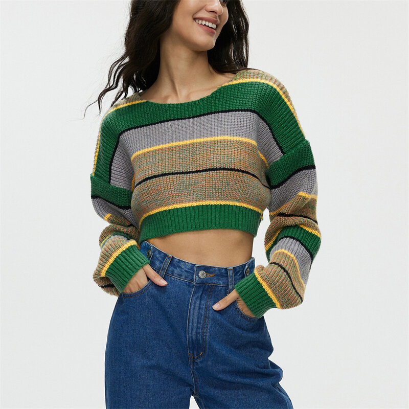 Suéter corto de punto a rayas para Mujer, Jersey suelto de manga larga, Top de otoño e invierno, Y2K, novedad