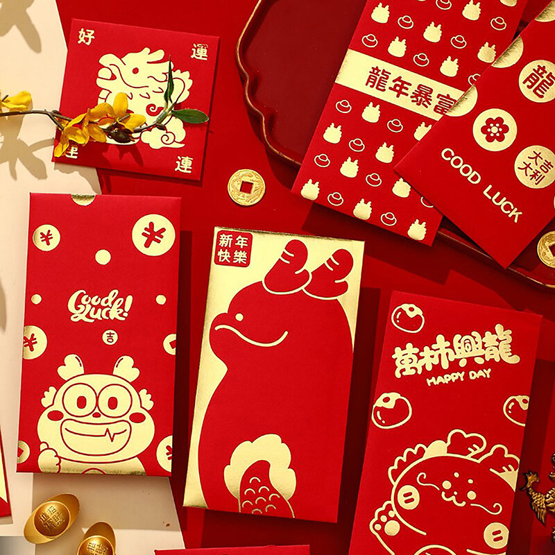 6 szt. Urocza smocza rok Hongbao czerwone koperty na 2024 nowy rok święto wiosny czerwone opakowanie torebka na prezent z motywem szczęśliwe pieniądze