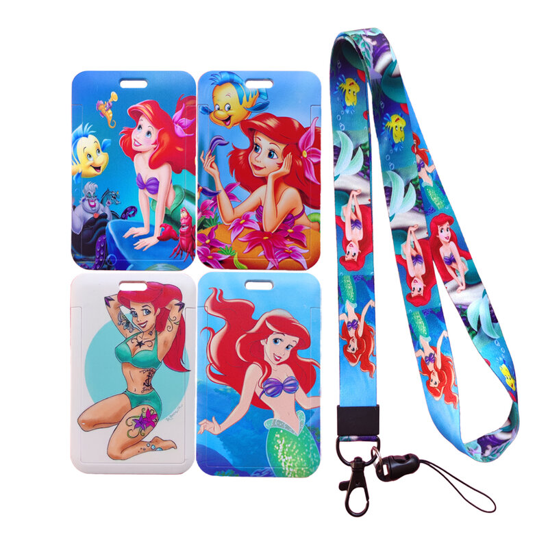Disney-portatarjetas de La Sirenita Ariel, funda con insignia de visita, Marco, funda para empleado, cordón para estudiante, portatarjetas de identificación