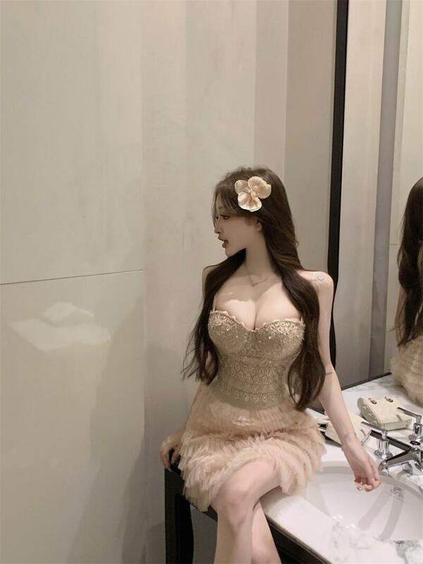 Jupe plissée en maille coréenne deux pièces pour femmes, caraco en dentelle, jupe de gâteau en cristal et diamant, sexy, nouveau, printemps, 2024