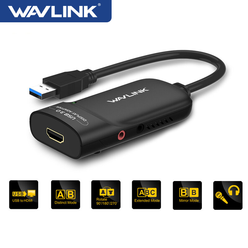 Adaptador de Placa de Vídeo Externa Wavlink, Compatível com USB 3.0 para HDMI, Gráficos de Vídeo, 2K, Estender, Espelho para Windows, Mac, M1, M2