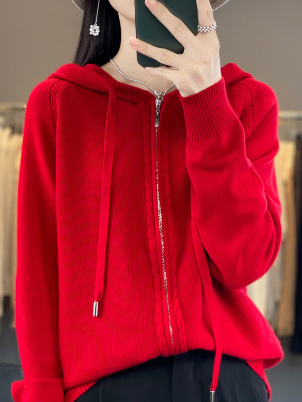 Spring/Summer Hooded Cardigan Women's Versatile Knitted Top Loose Sweater Casual Solid Color Double Zipper Cardigan Top