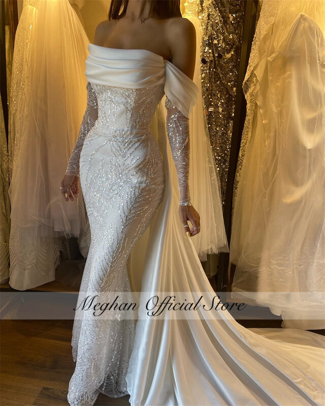 Branco fora do ombro vestidos de casamento com capa, Vestido de noiva frisado luxo, Vestido de noite personalizado sereia, 2023