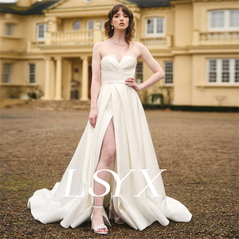 LSYX gaun pengantin elegan kerah V, gaun pengantin panjang lantai belakang ritsleting, celah samping tinggi bentuk A-Line sesuai untuk wanita
