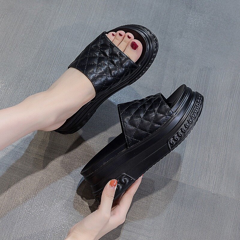 Zapatillas de plataforma de 7cm para mujer, zapatos de cuña de playa de cuero genuino, sandalias de verano transpirables, color negro