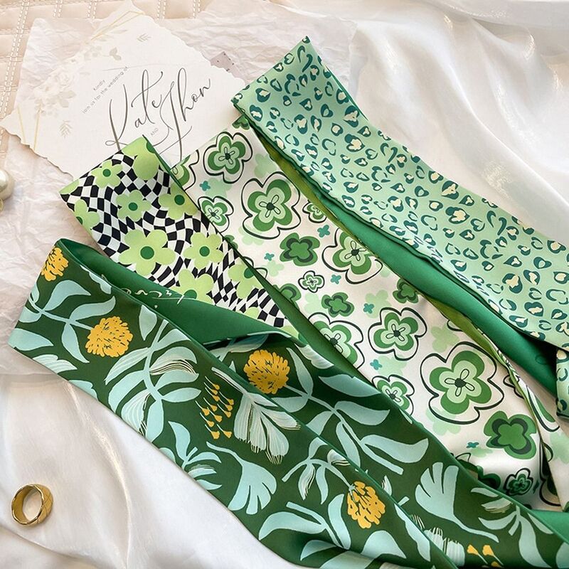 Bufandas de estilo coreano para mujer, pañuelos a cuadros de leopardo y hojas, bandas para el cabello a rayas, bufanda de seda satinada, bufanda con estampado de flores, cinta para el cabello