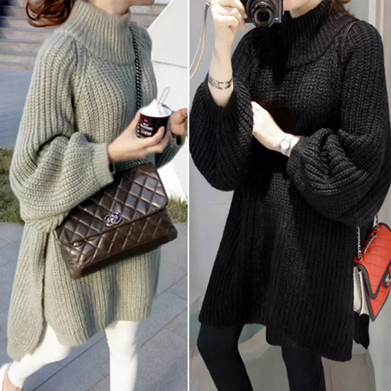 Sweter damski jesień i zima 2022 nowy luźny swobodny sweter sweter średniej długości sukienka z rękawami