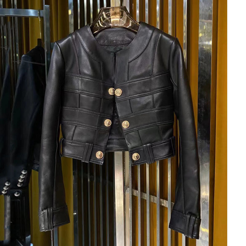Veste en cuir véritable pour femme, manteau de printemps, longueur ultra courte, col rond, haute qualité, nouvelle mode, décoration en latex, 2024