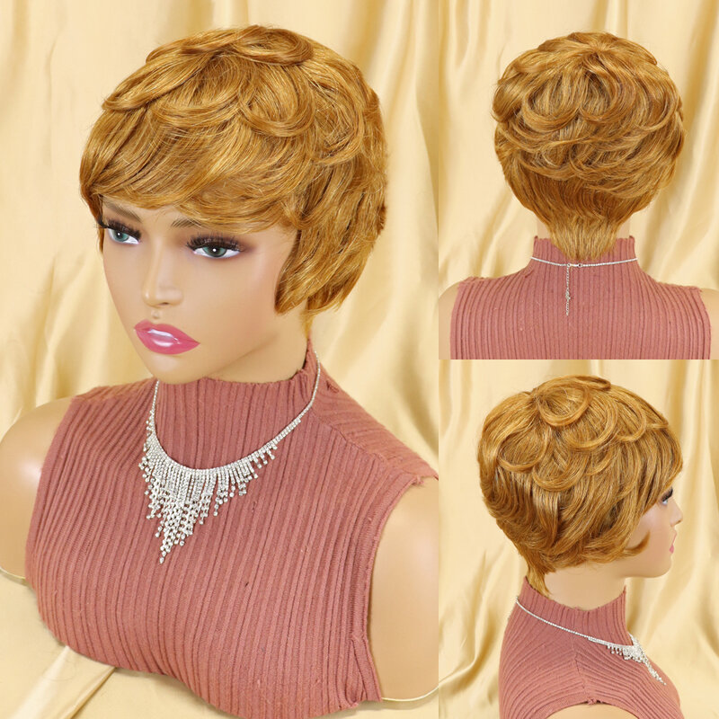 Perruque brésilienne naturelle courte avec frange pour femmes noires, cheveux Remy, coupe Pixie, faite à la Machine, bon marché