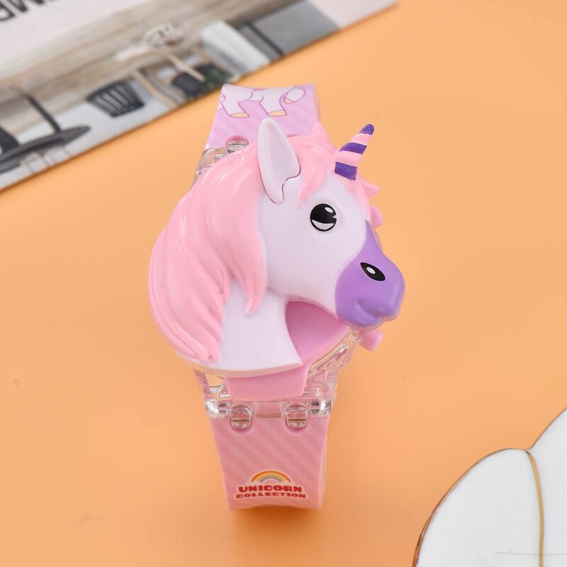 Reloj de caballo arcoíris brillante con música abatible de moda, reloj de unicornio de dibujos animados Popular, regalo para niños y niñas