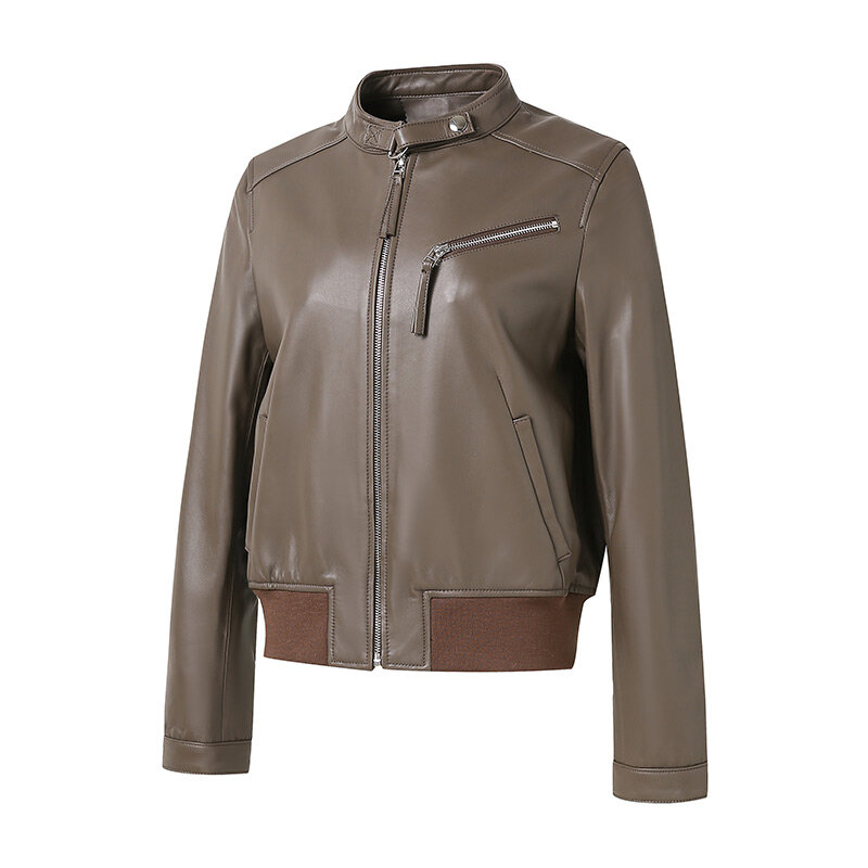 Lady Real แจ็คเก็ตหนัง2022แฟชั่นเสื้อแจ็คเก็ตขี่จักรยานยนต์ของแท้ Sheepskin Biker เสื้อ Solid คอตั้ง Outwear CL5156