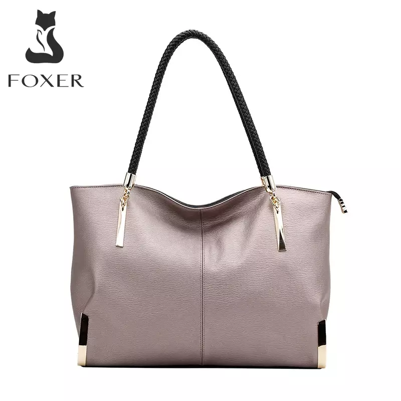 FOXER-Bolso de mano de cuero de vaca para mujer, bolsa de hombro femenina, de diseñador, de lujo, de gran capacidad, con cremallera y Asa superior