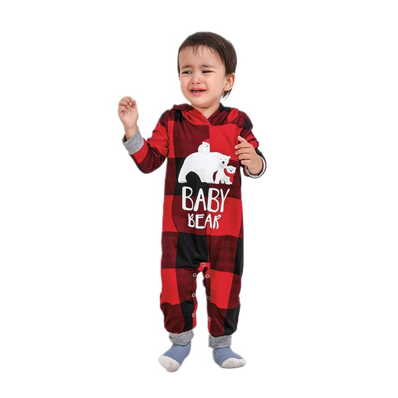 Baju Olahraga Natal Cocok Keluarga Dewasa Anak-anak Motif Beruang Kotak-kotak Pullover Hoodie Kaus dan Celana Olahraga Kasual