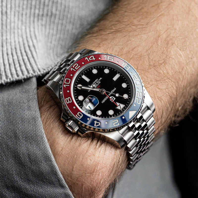 PAGANI DESIGN-Reloj de pulsera mecánico GMT para Hombre, de acero inoxidable, resistente al agua, automático