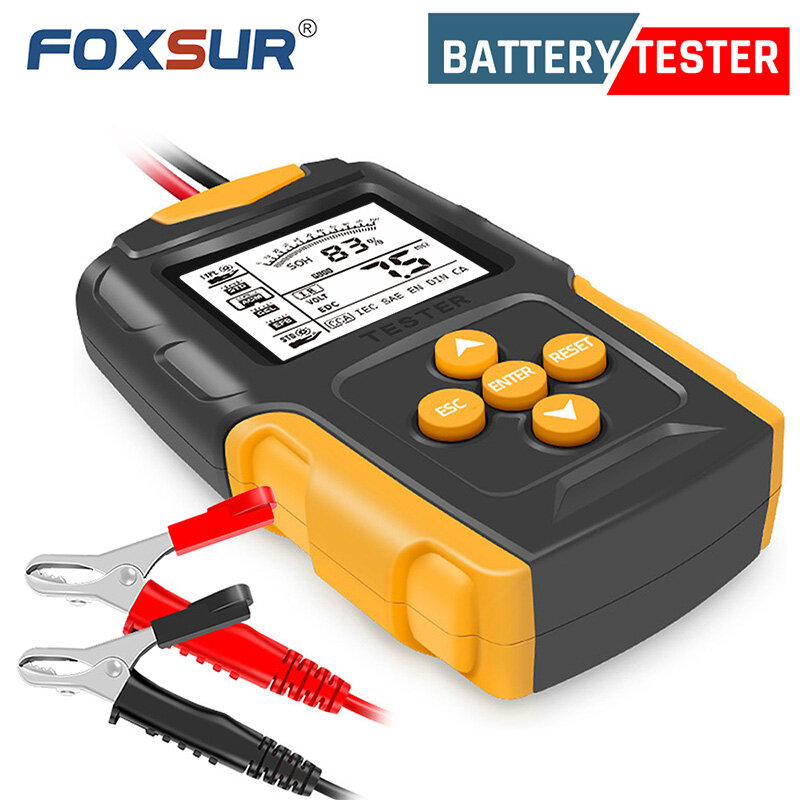 FOXSUR Analyseur de testeur de batterie automobile 12 V/24 V pour voitures AGM Compteur de batterie humide CA SLA CCA IR SOH pour vérification d'accumulateur