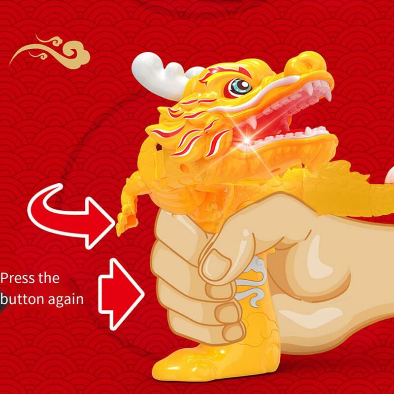 Brinquedo dourado do dragão chinês com som e luz, cabeça de balanço Tai, Press Trigger, alívio do estresse, dragão em pé, brinquedo interativo para crianças