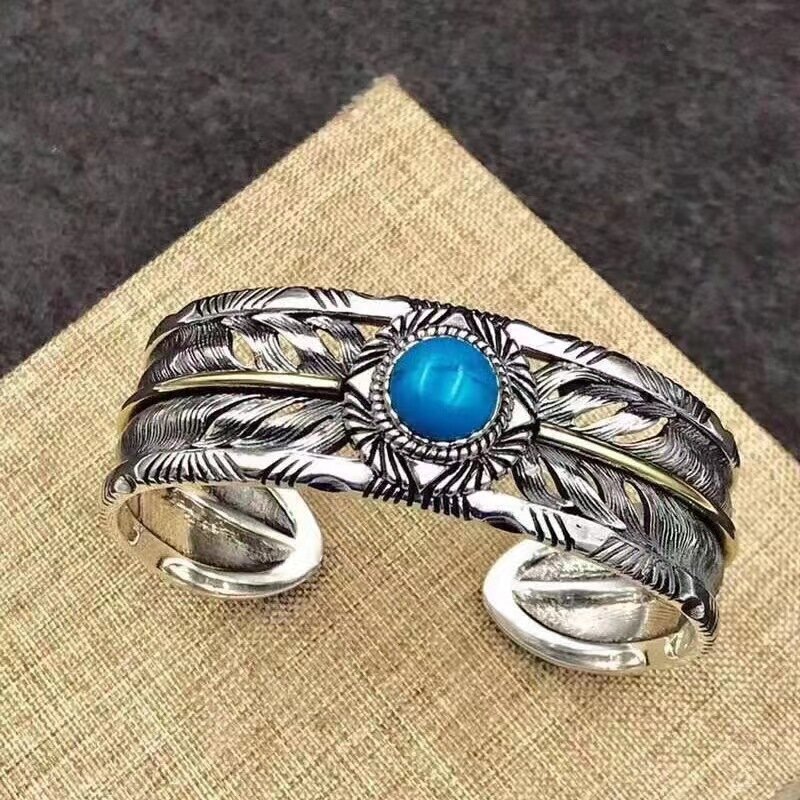 Vintage Silver Color Feather Turquoise Cuff Bracelet Bangle for Men Retro Bangle Punk Jewelry Accessories