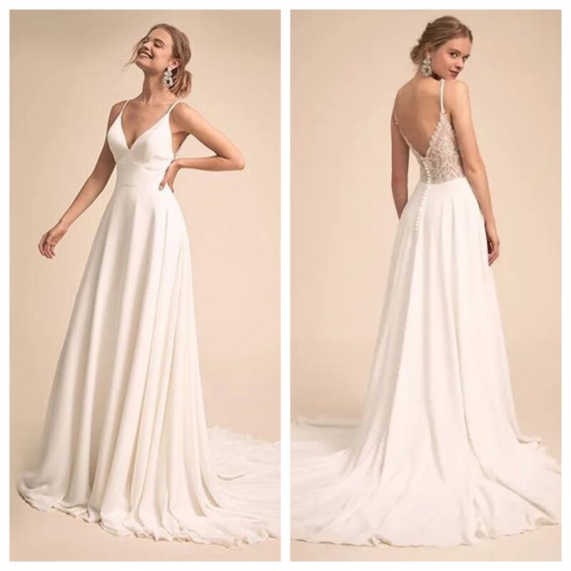 Gaun pernikahan sederhana baru untuk wanita leher V tali Spaghetti renda applique punggung A-Line sifon gaun pengantin 2024