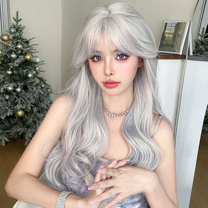 7JHH WIGS Lolita Wig Synthetic Body Wavy Silvery Ash Wigs with Fluffy Bangs High Density Layered White Wig for Girl Costume Wigs