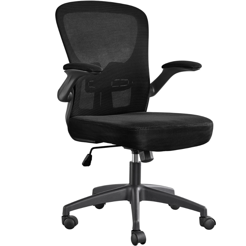 Kursi kantor tengah belakang dapat disesuaikan, dengan sandaran tangan lipat, furnitur jaring antilembap pemain komputer hitam ergonomis