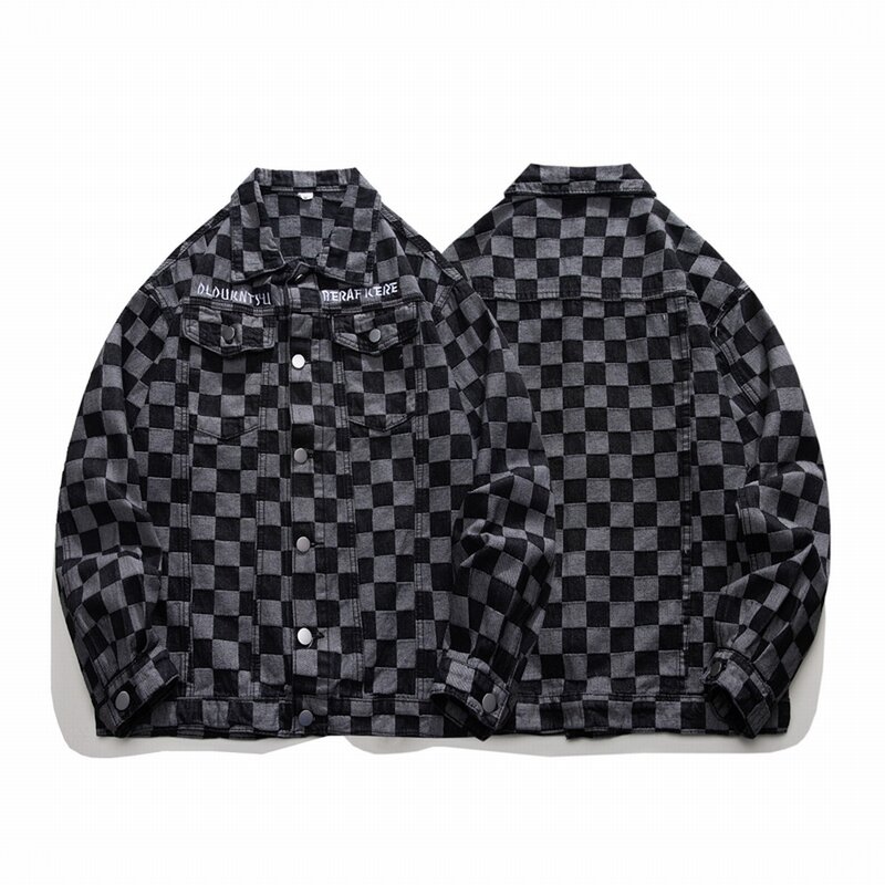 Musim gugur musim semi Y2K jaket Denim kotak-kotak bordir hitam Jacquard Jaqueta Jeans longgar Streetwear Chaqueta Hombre Masculina mantel