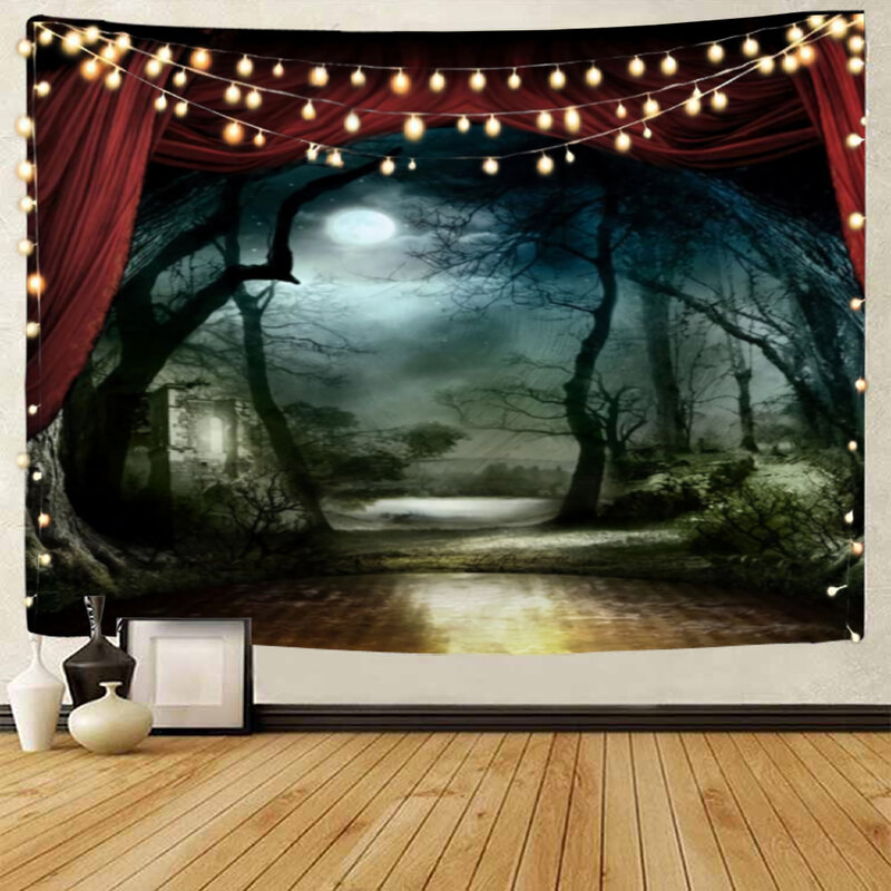 Beautiful window curtains, scenic background decoration, tapestry, night view, moonlight decoration outside the window, tapestry