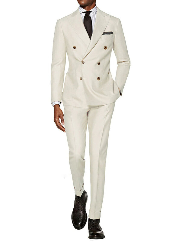 남성용 더블 브레스트 솔리드 컬러 신랑 착용 정장, 슬림핏 피크 라펠 턱시도, 이브닝 파티 재킷 바지, 2 피스