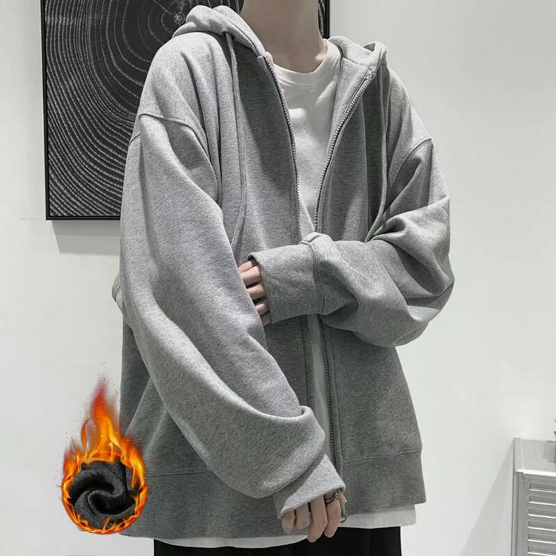 Men Hoodie Coat Cozy Hooded Cardigan Stylish Mid-length Plus Size Jacket with Drawstring Pockets Elastic Cuff for Fall/winter