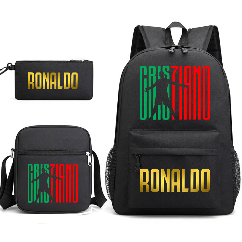 Ronaldo-mochila escolar com estampa para estudante, conjunto de 3 peças, bolsa preta
