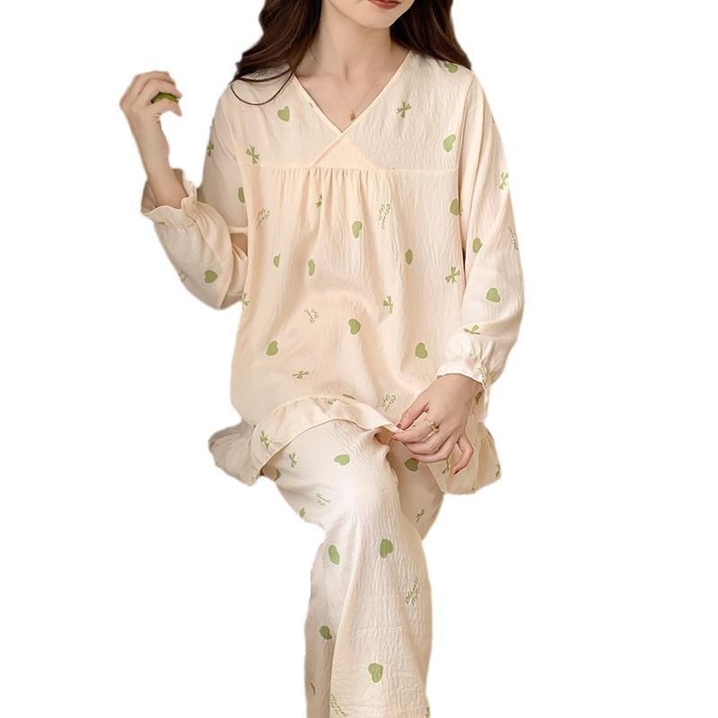 Conjunto pijama de algodão feminino de duas peças, nuvem fina, decote em v, estampa simples, calças de manga comprida, roupa doméstica, roupas femininas, primavera