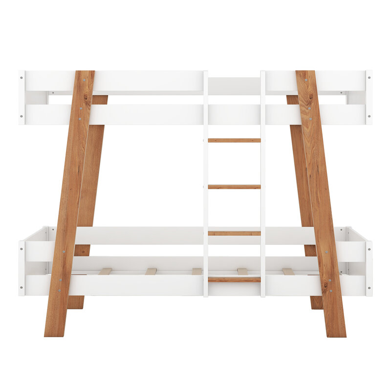 Houten Twin Size Stapelbed Met Ingebouwde Ladder En 4 Houten Kolommen, Wit