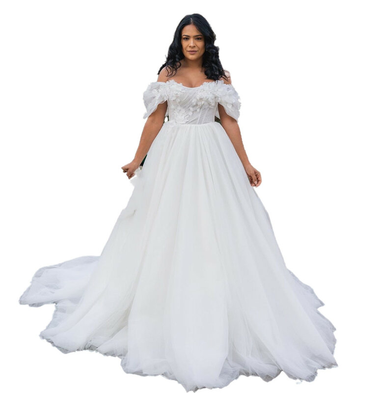 ชุดเจ้าสาวผ้าลูกไม้ทรงเอไลน์สีขาวสำหรับชุดแต่งงานดอกไม้ชุดเดรส Vestido de Novia ขนาดพิเศษ2023 ZJ036
