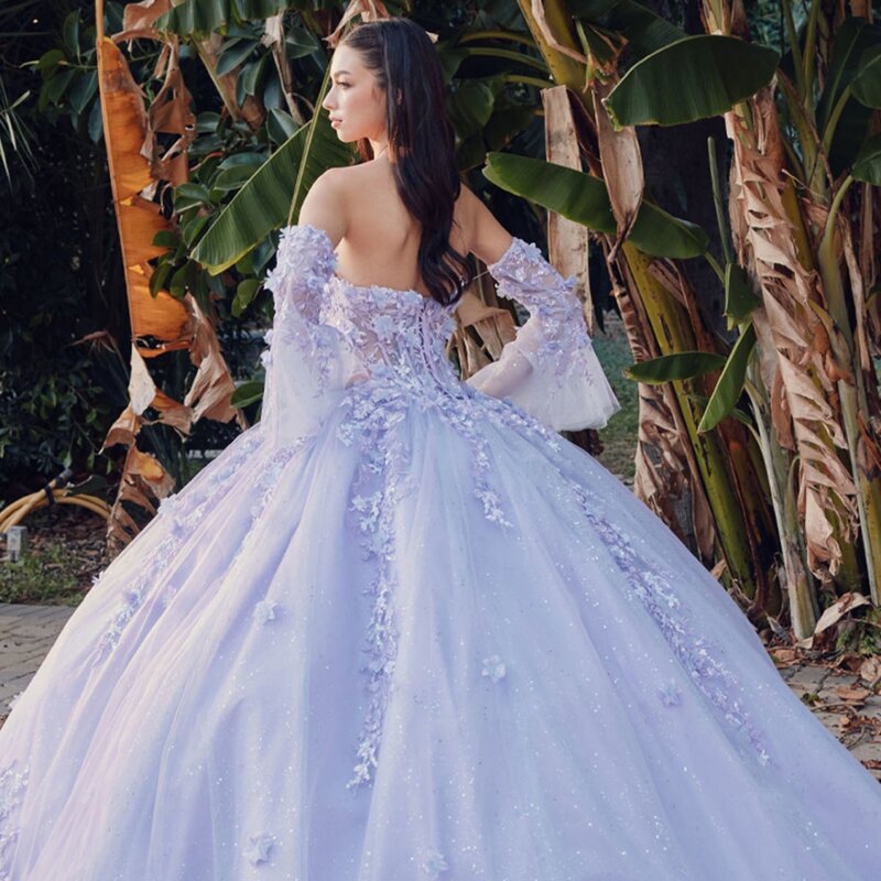 Purple Sweetheart Neck Quinceanrra Prom Dresses Beautiful Appliques 3D Flower Princess Long Glitter Sweet 16 Dress Vestidos