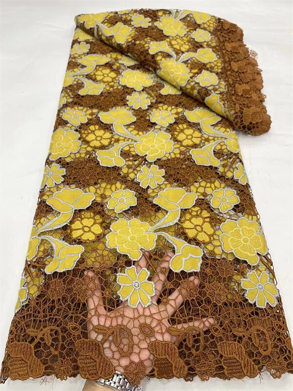 Tecido de renda de cordão guipure nigeriano, Tecido de algodão com pedras, vestido de festa africano, alta qualidade, 2024