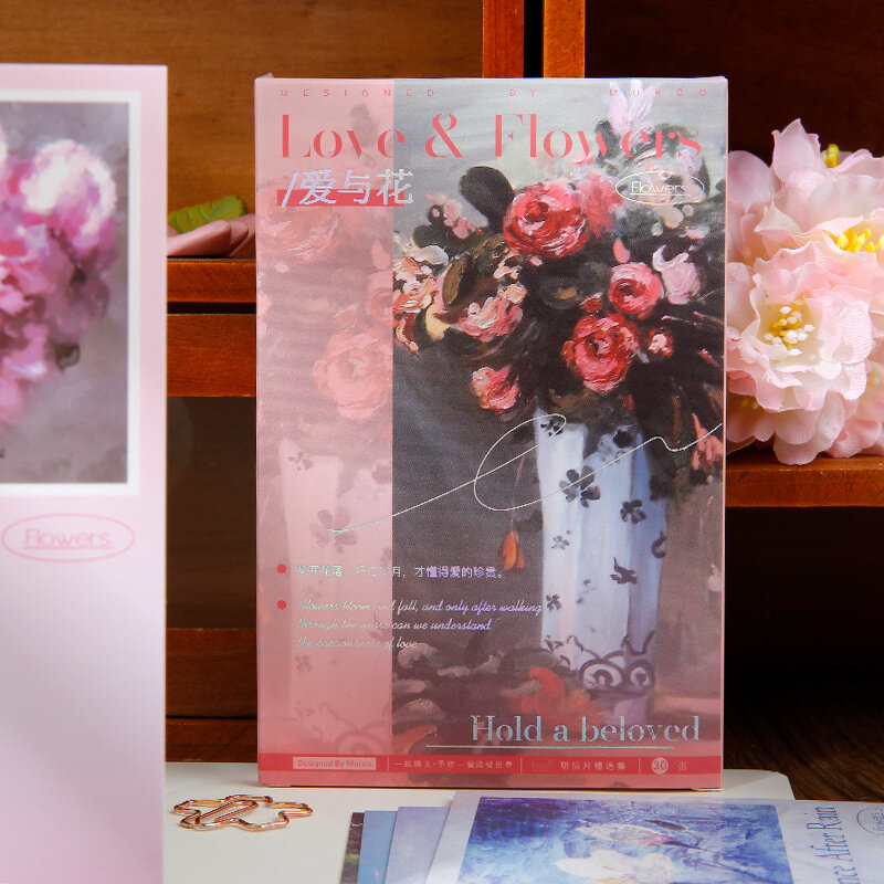 โปสการ์ดชุดความรักและดอกไม้30ชิ้น/เซ็ตแบบทำมือดอกไม้สดข้อความอวยพรการ์ดเทศกาลของขวัญสารภาพ