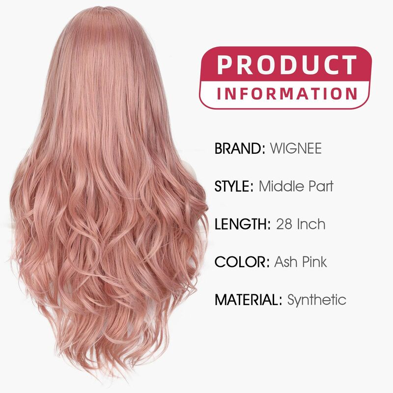Wig renda depan 28 inci, rambut palsu keriting bagian tengah panjang, gelombang merah muda untuk penggunaan harian Cosplay wanita