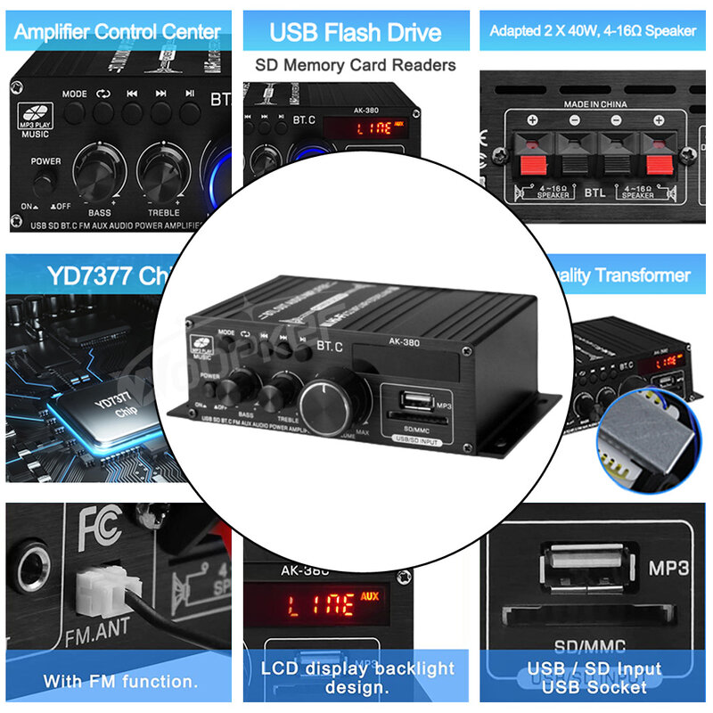 Woopker-Amplificador de Som Canal 2.0, Amplificador Bluetooth HiFi, Áudio Digital em Casa, 12V3A, AK380, AK370, AK280, AK270, AK170 para Carro, Baixo, Trebl