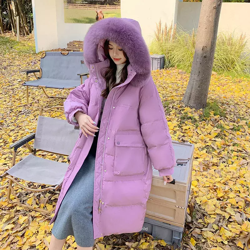 Women Macaron Color Hooded Down Jacket Fox Fur Collar Loose Green Long Thickened White Duck Overcoat Widened 6XL Oversized Coats
