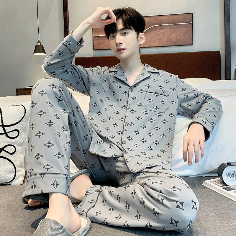 Conjunto pijama de algodão manga comprida masculino, calça cardigan lapela, encaixe solto, roupa confortável para casa casual, primavera, outono