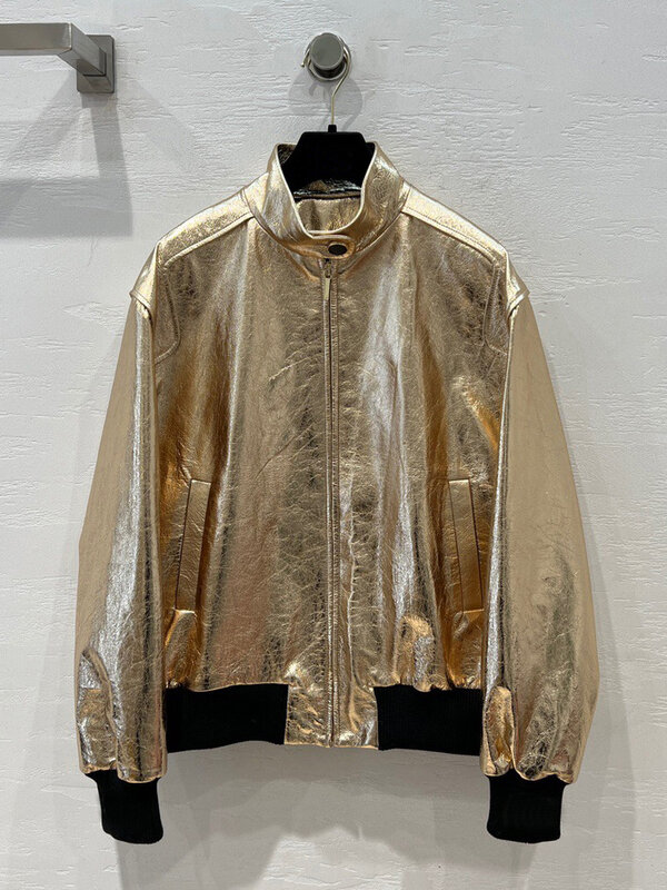 Женская куртка из натуральной овечьей кожи, золотистая/Серебристая куртка в Корейском стиле, весна-осень 2024