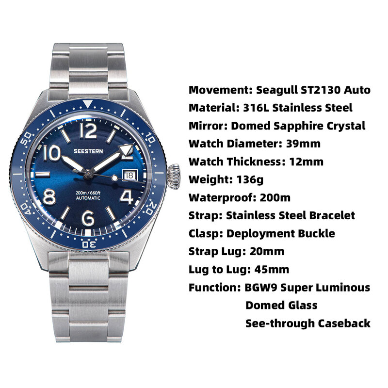 SEESTERN-relógio mecânico automático do mergulho para homens, relógios de pulso luminosos impermeáveis do cristal do domo, movimento ST2130, 20bar