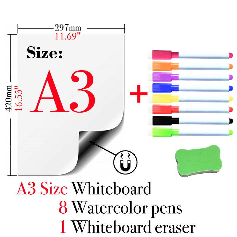 A3 Size Magnetic Dry Erase Whiteboard PET Reusable Writing Board Presentation Fridge Stickers Memo Message Boards Calendar