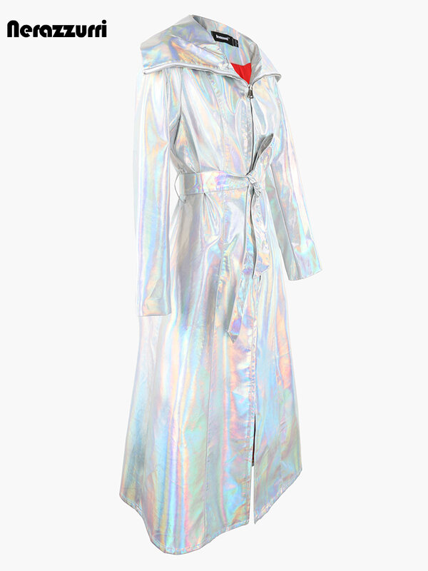 Nerazzurri-abrigo Extra largo de charol holográfico para mujer, impermeable, a prueba de viento, brillante, plata reflectante, piel sintética, con capucha, otoño
