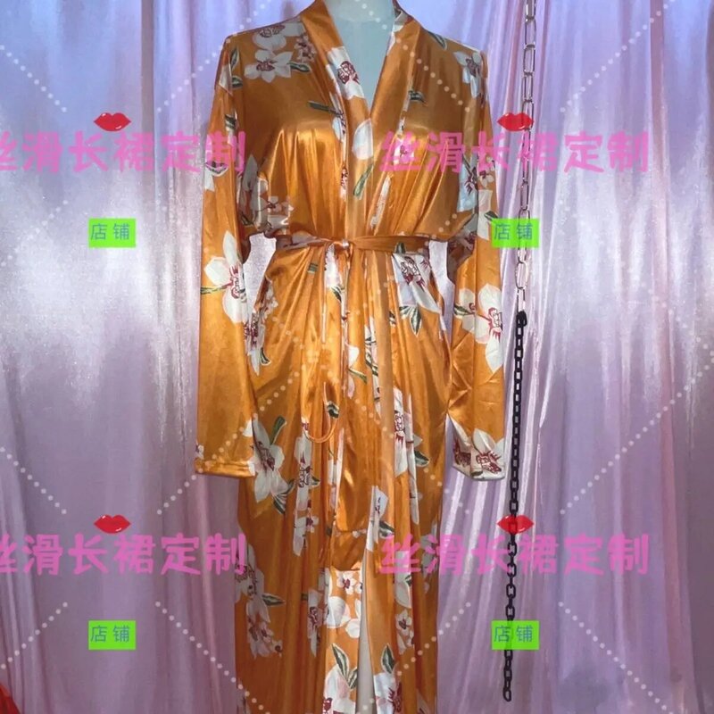 Vestido maxi feminino de cetim manga comprida solto com renda, cardigã lustroso, plus size, robe de dormir, outono, primavera