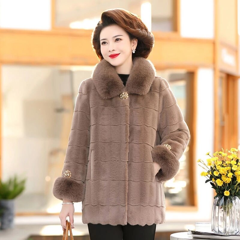 Пальто из искусственного меха 5XL для женщин среднего возраста, зимнее пальто из меха норки, парки средней длины для мам, Толстая теплая куртка из меха норки