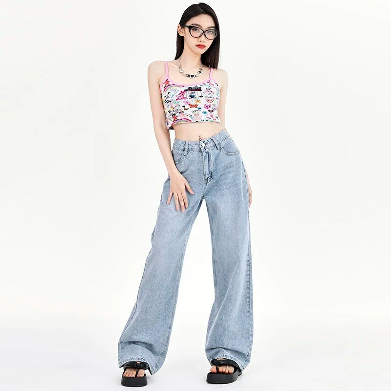 Straight Jeans Women High Waist Streetwear Denim Pants Spring Summer Wide Leg Trousers Loose Chic Pocket Jeans For Women 2024